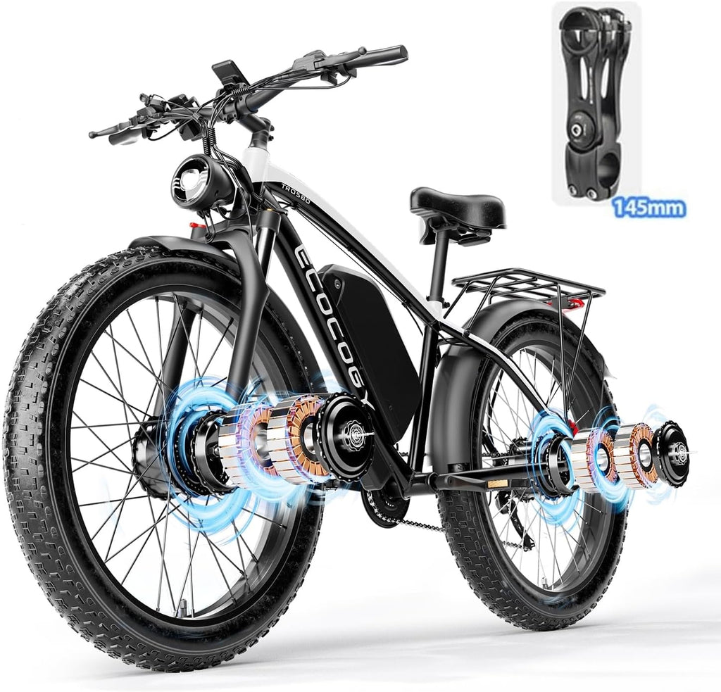 Dual Motor Electric Bikes for Adults, 6000W Peak Ebike, 52V 32Ah, Max 40-45 M P H &100 Miles E-Bike, Hydraulic Disc Brake, 26' Fat Tire Off Road Snow Mountain E-Bikes, 7-Speed Pedal Assist