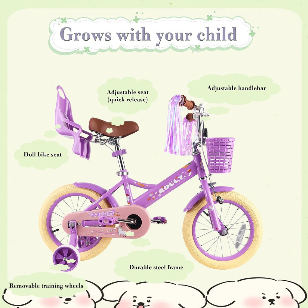 RULLY Kids Bike 12 14 16 inch for 2-7 Years Girls with Training Wheels & Front Handbrake, Kids Bicycle with Basket Bike Streamers Toddler Cycle Bikes