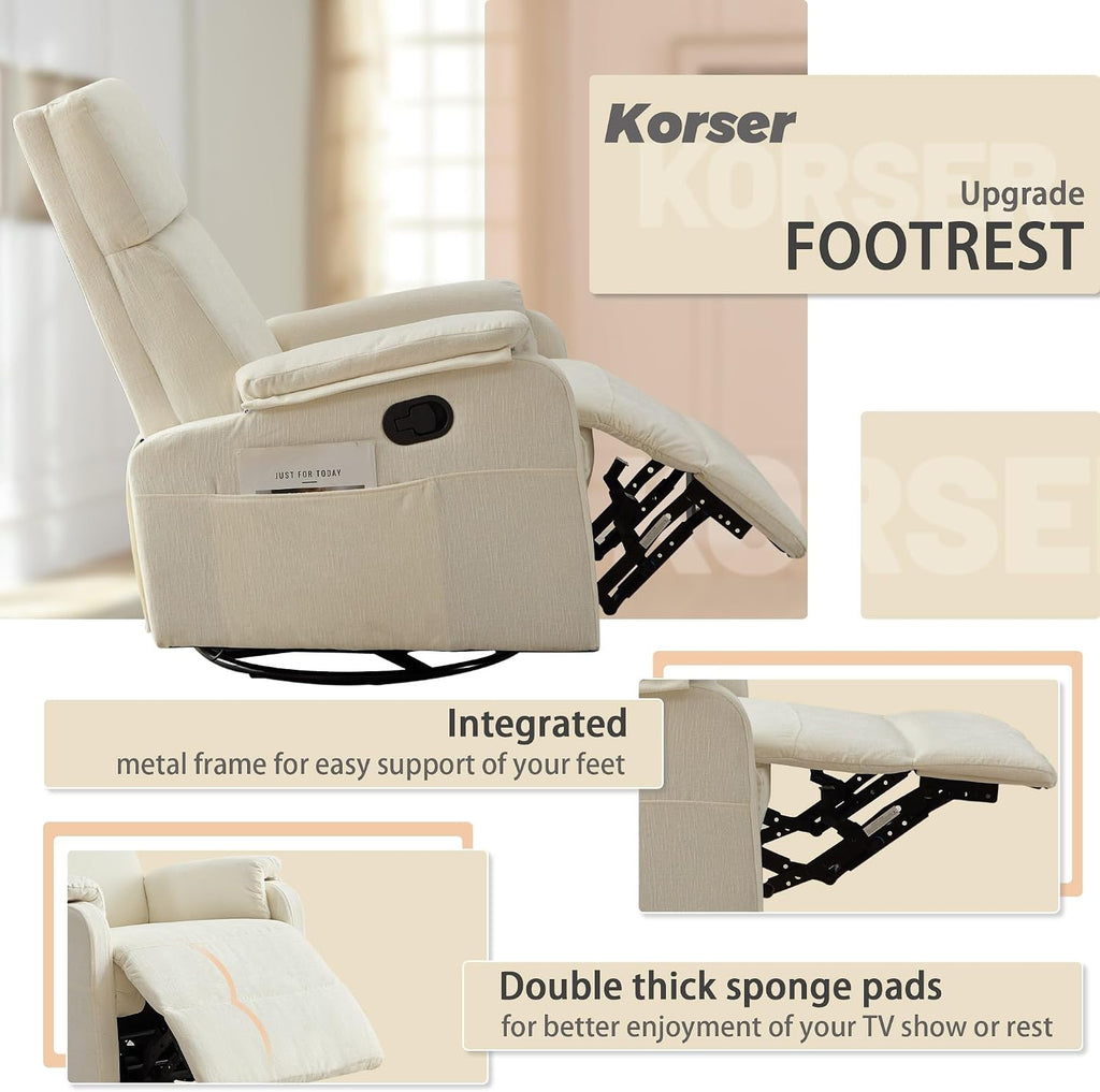 Korser Recliner Chair, Swivel Rocking Recliner Chair for Adults, Glider Rocking Chair, Small Nursery Chair Recliner for Living Room, Reclining Chair with Modern-Designed Armrests, Chenille, Beige