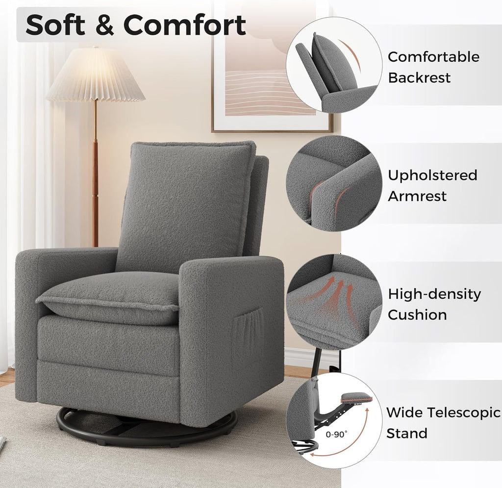 Amopatio Swivel Glider Recliner for Indoor, Nursery Rocker Chair Upholstered Single Sofa with Side Pockets and Footrest for Living Room Bedroom