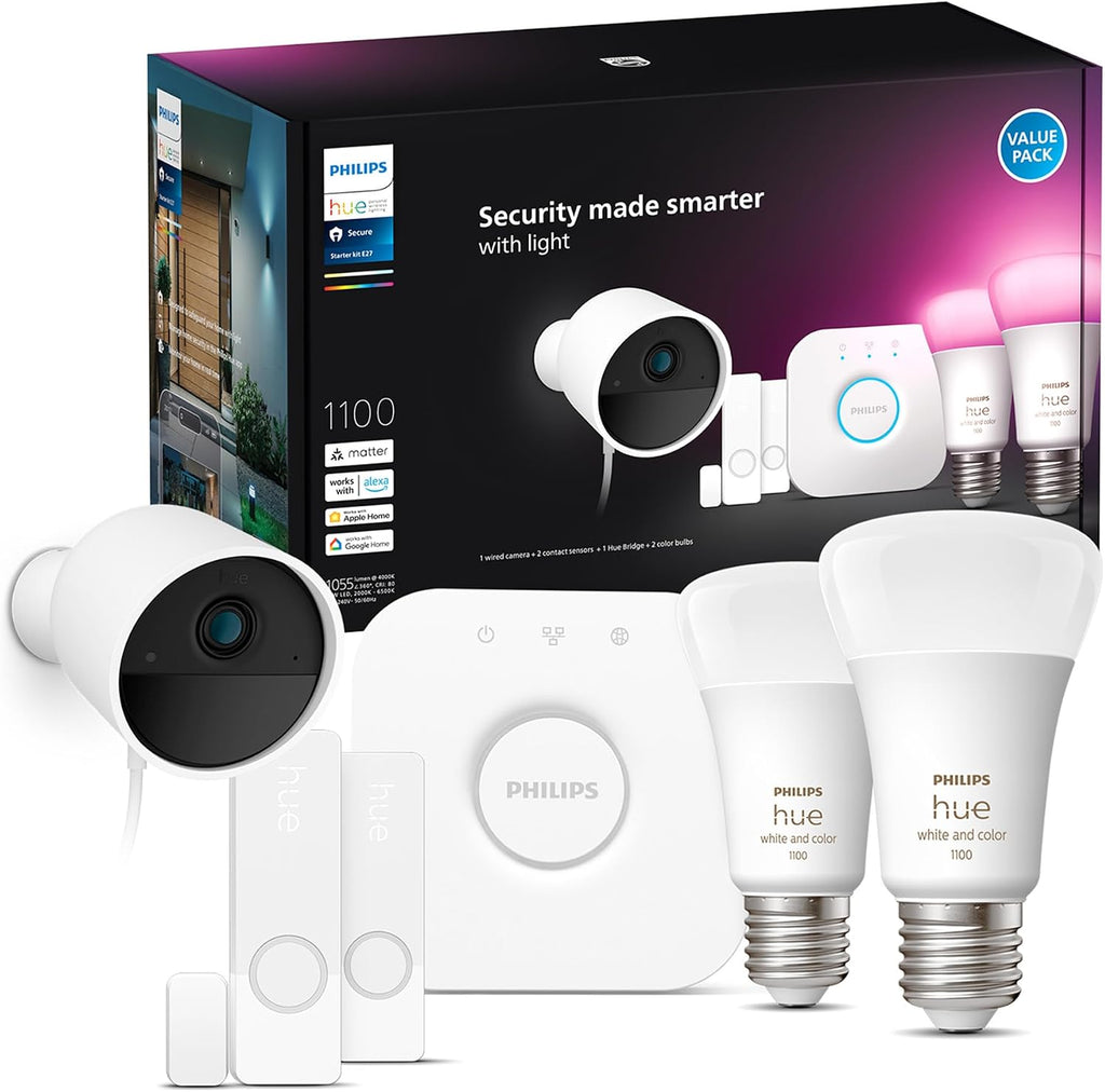 Philips Hue Secure Starter Kit with Bridge, Wired Security Camera, (2) Secure Contact Sensor, (2) 75W A19 Bulb, White & Color Ambiance, Works Security Center in Hue App