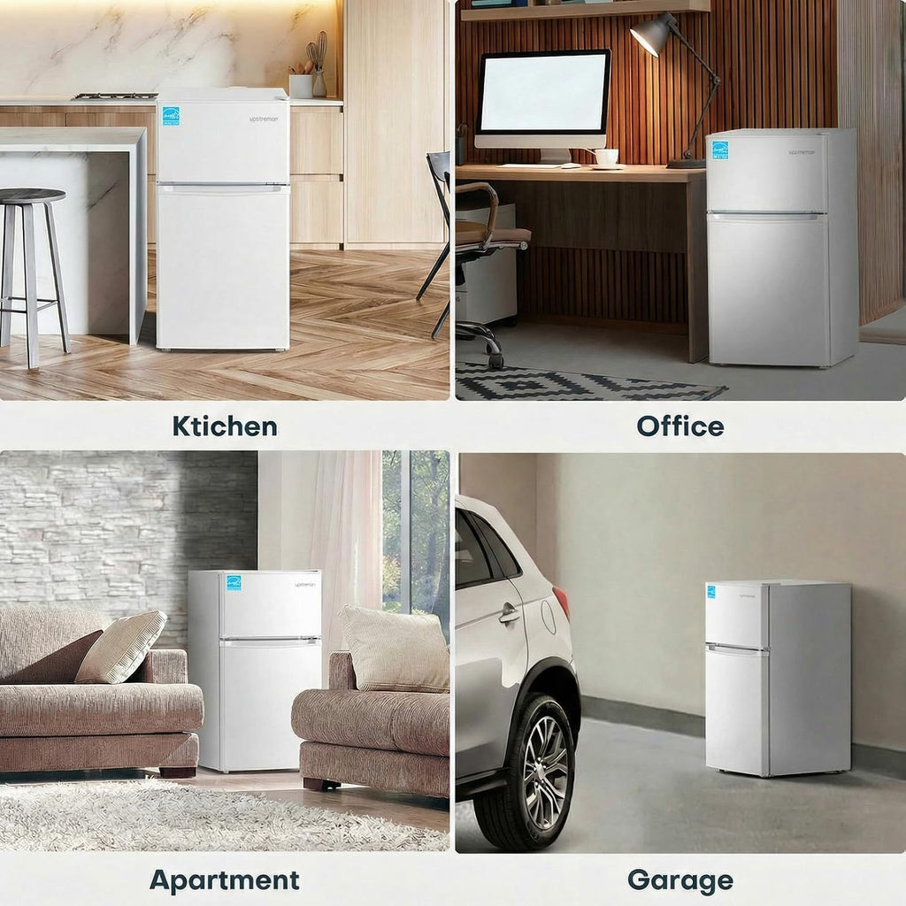 Upstreman 3.1 Cu.Ft Mini Fridge with Freezer, Double Door Small Fridge, Dorm Essentials, Adjustable Thermostat, Energy Saving, Mini Refrigerator for Office, Dorm, Bedroom, White