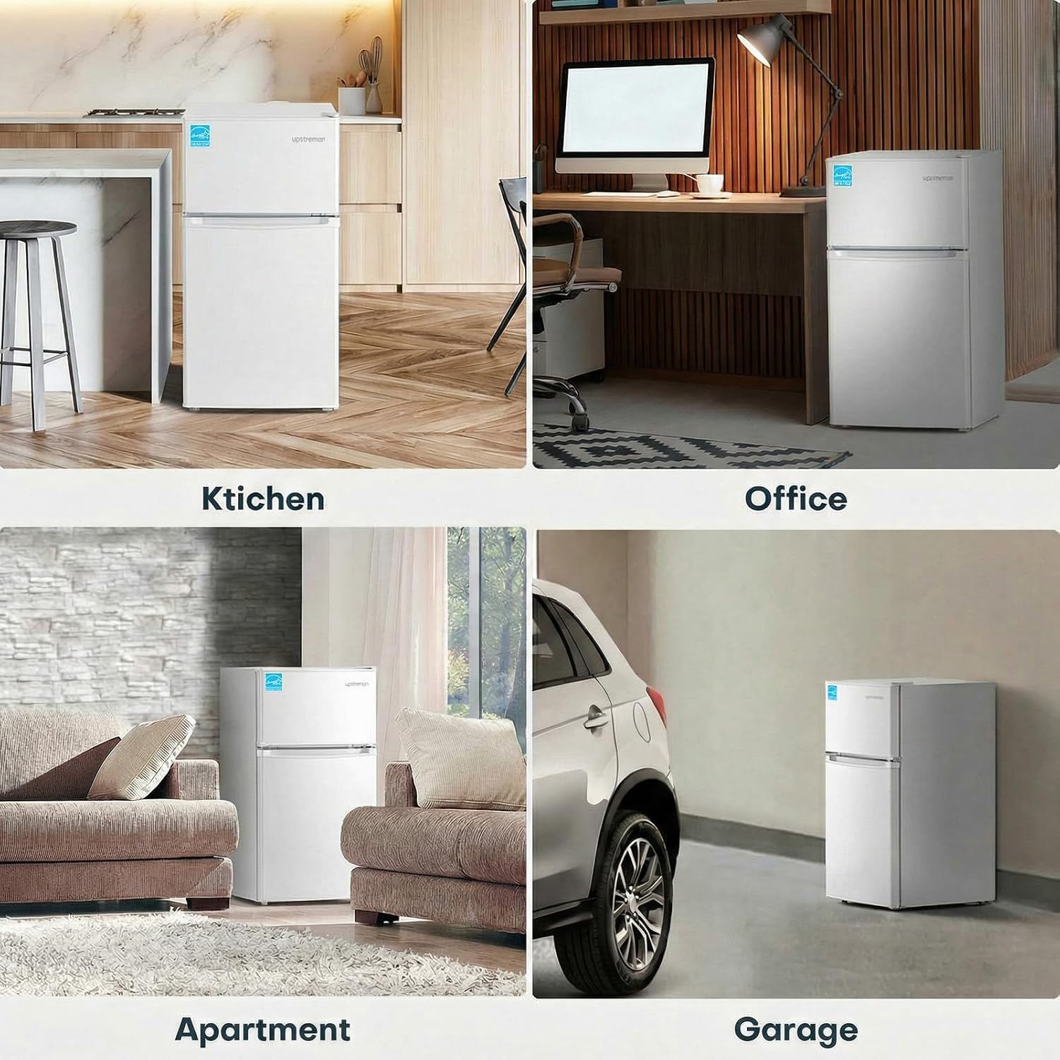 Upstreman 3.1 Cu.Ft Mini Fridge with Freezer, Double Door Small Fridge, Dorm Essentials, Adjustable Thermostat, Energy Saving, Mini Refrigerator for Office, Dorm, Bedroom, White