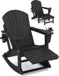 KINGYES Adirondack Rocking Chair with Retractable Ottoman and Cup Holders, HDPE Adirondack Rocker Patio Rocking Chair for Porch, Patio, Balcony, Black