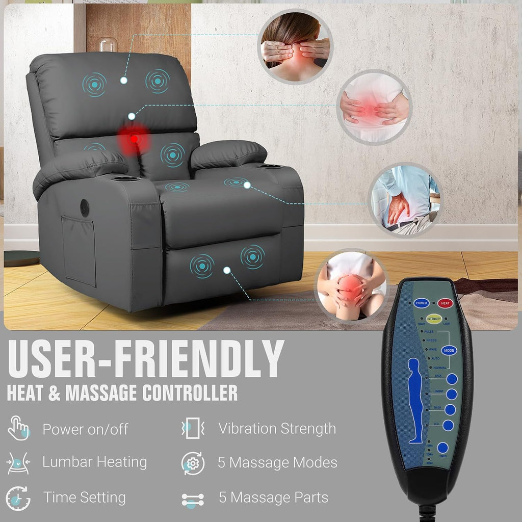 LAFWELL Rocking Recliner Chair, Massage Rocker Recliner Chair with Vibration Massage and Heat, USB and Type-C Ports,360° Swivel Faux Leather Chairs, Living Room, Bedroom, Nursery, RV, Dark Grey
