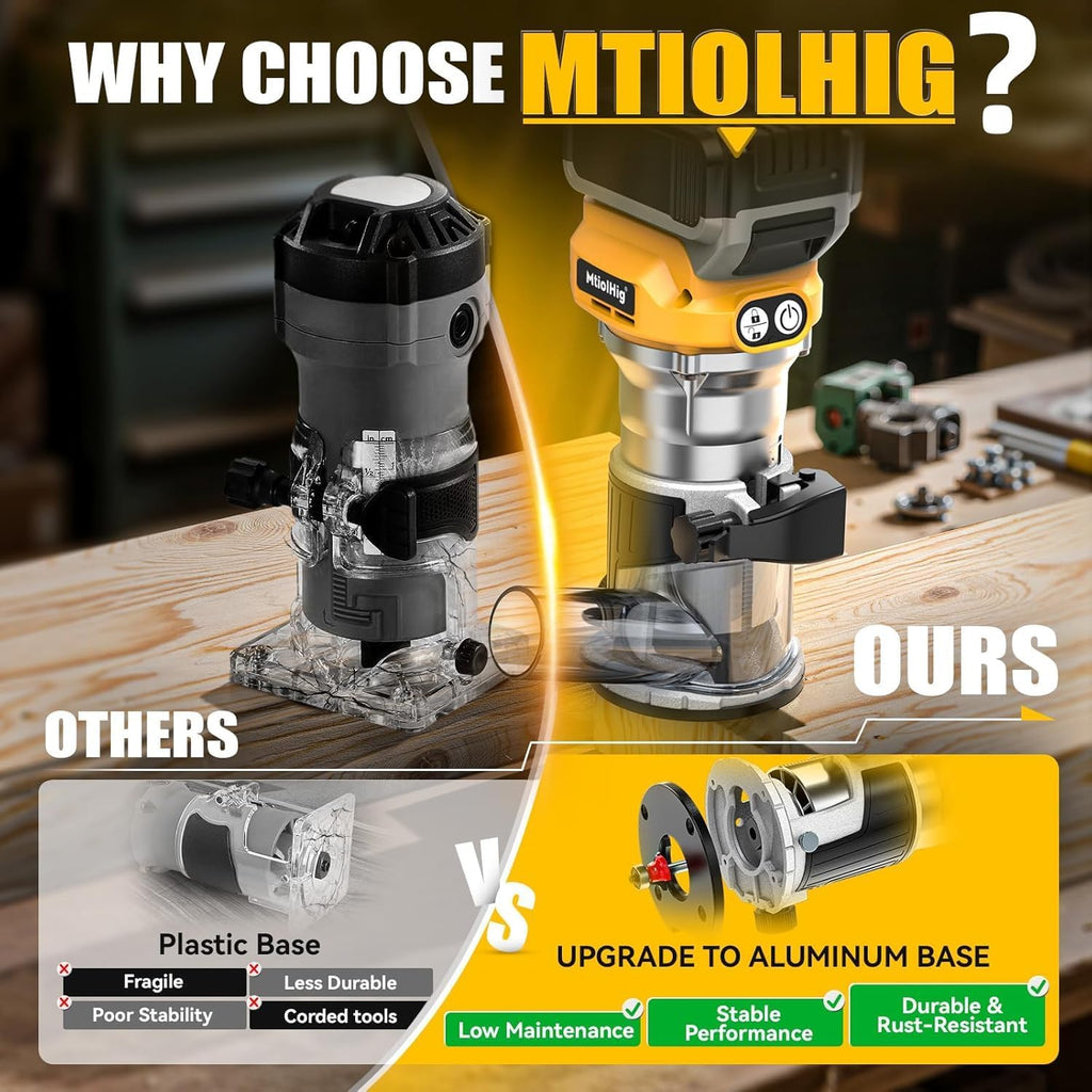 MtiolHig Cordless Compact Router Compatible with Dewalt 20V Battery, With 1 x 5.0Ah Rechargeable Battery, 6 Pcs Router Bits for Woodworking, Router With Trim Bits, Edge & Roller Guide