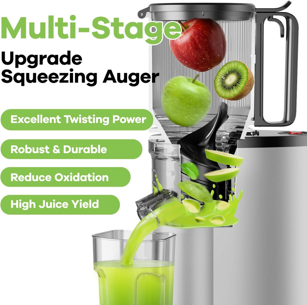 Cold Press Juicer, 5.3' Wide Feed Chute Juice Extractor Machine with 400W, High Juice Yield, Slow Masticating Juicer for Whole Vegetables & Fruits, Metallic Silver