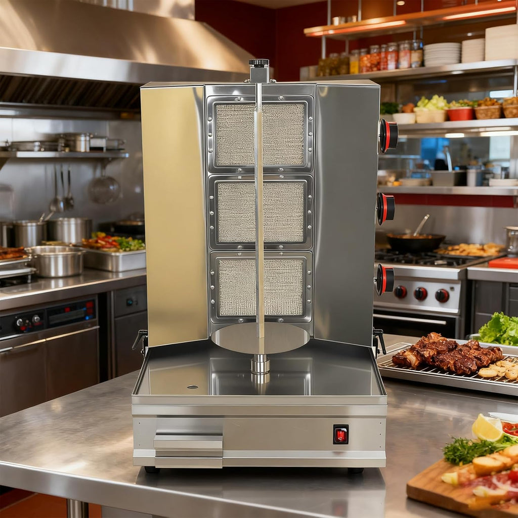 Turkey & Shawarma Oven Rotisserie Kebab Machine Infrared Burner, Automatic Rotation and Adjustable Distance, 3 Propane Controls Up to 750°F,Vertical Skewers, Stainless Steel