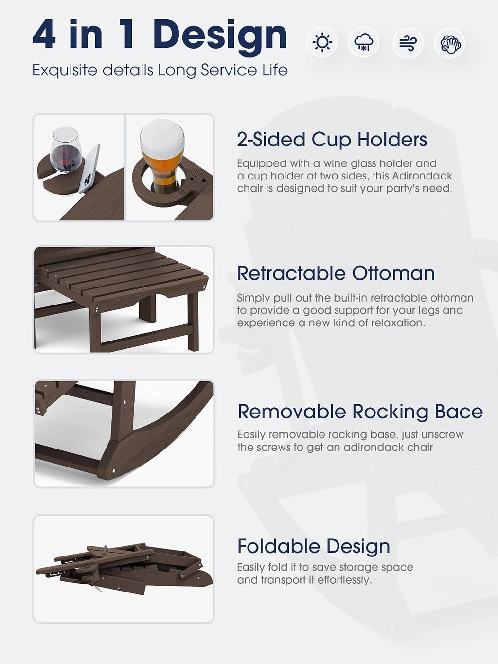 KINGYES Adirondack Rocking Chair Set of 2 with Retractable Ottoman and Cup Holders, HDPE Adirondack Rocker Patio Rocking Chair for Porch, Patio, Balcony, Coffee Brown