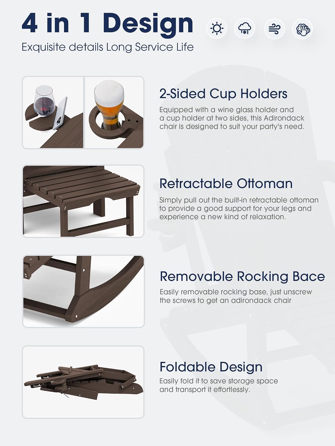 KINGYES Adirondack Rocking Chair Set of 2 with Retractable Ottoman and Cup Holders, HDPE Adirondack Rocker Patio Rocking Chair for Porch, Patio, Balcony, Coffee Brown