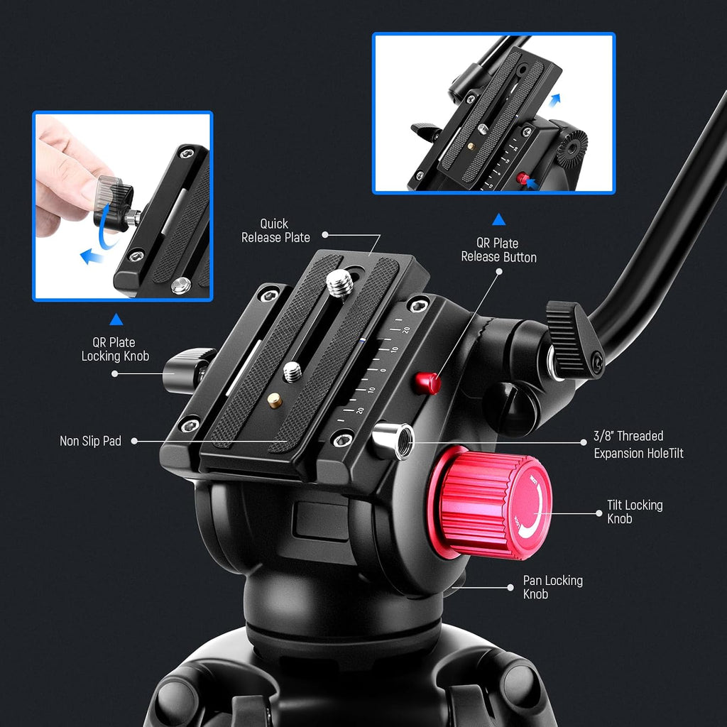 NEEWER 79'/200cm Video Tripod, Heavy Duty Aluminum Alloy Camera Tripod Stand with 360° Fluid Drag Head, QR Plate Compatible with Canon Nikon Sony and Other DSLR Camera Camcorder, Load Up to 17.6lb/8kg