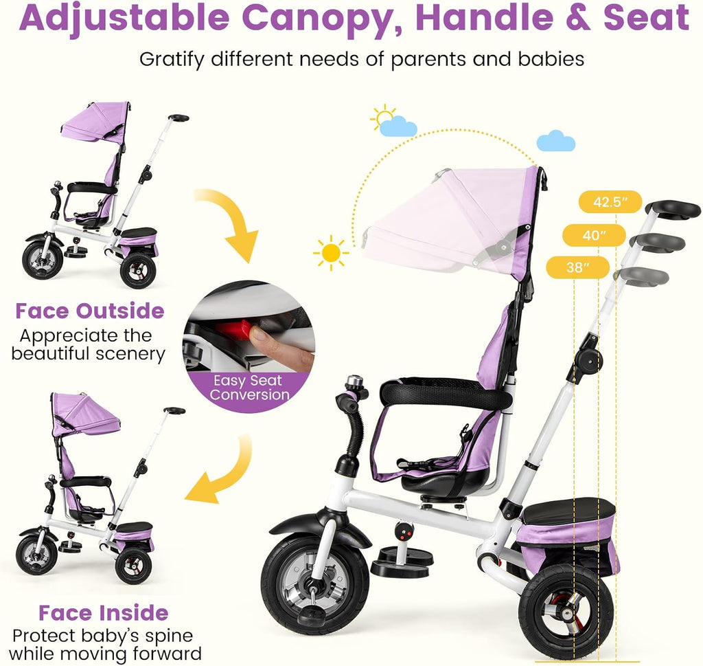 HONEY JOY Tricycle, 5-in-1 Folding Baby Trike Stroller w/Adjustable Handle & Canopy, Reversible Seat, Safety Belt, Folding Pedal, Bell, Storage, Push Tricycle for Toddlers 1-5 Years Old (Purple)