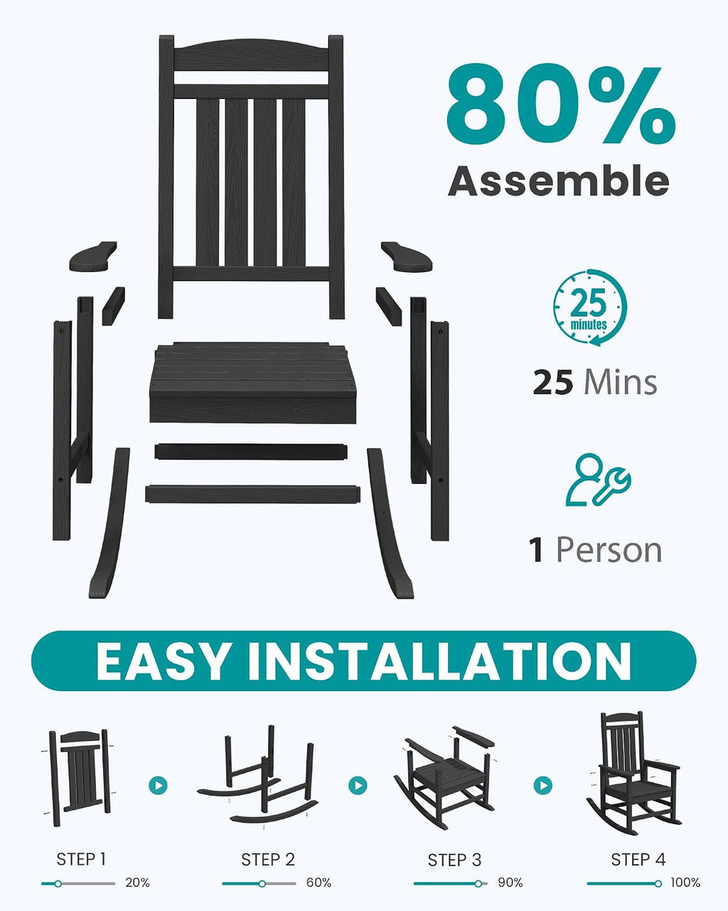 SERWALL Oversized HDPE Outdoor Rocking Chair Set of 2, Patio Rocking Chairs, All-Weather Porch Rockers for Adults, Black