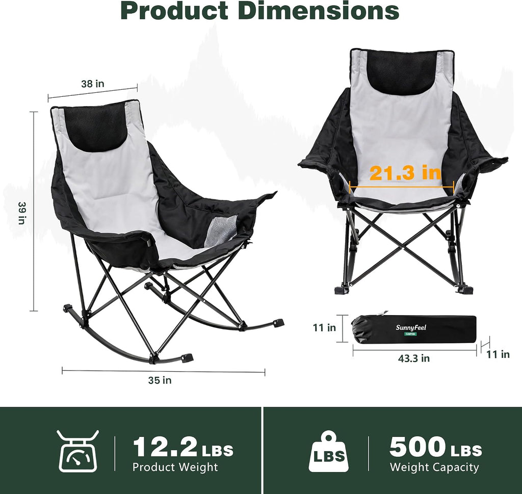 SUNNYFEEL Oversized Rocking Camping Chair 2 Pack, Fully Padded Patio Chair with Side Pocket, High Back Portable Lawn Recliner with Carry Bag, Outdoor Rocker Camp Chairs for Adults Heavy Duty 500 LBS