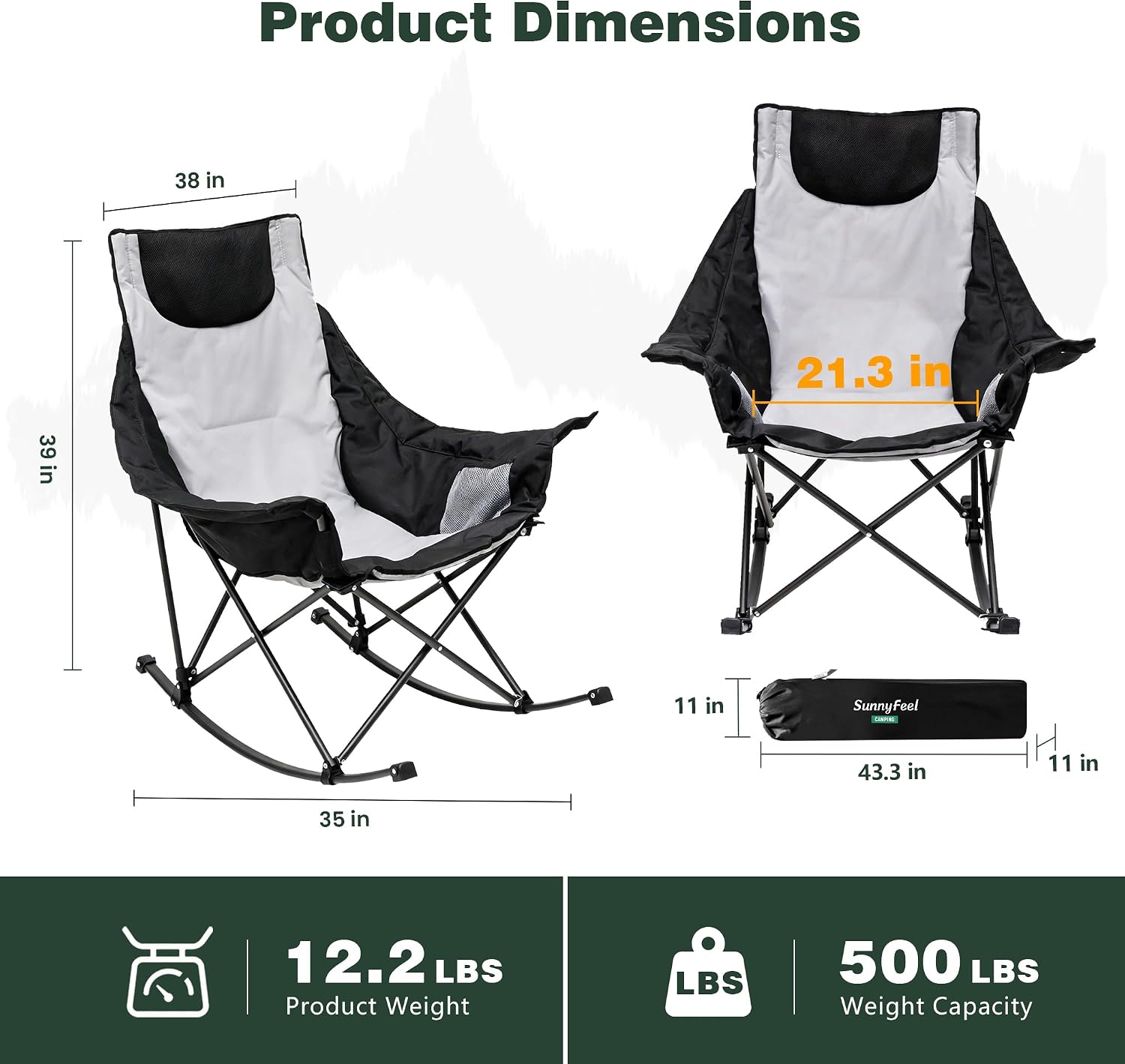 SUNNYFEEL Oversized Rocking Camping Chair 2 Pack, Fully Padded Patio Chair with Side Pocket, High Back Portable Lawn Recliner with Carry Bag, Outdoor Rocker Camp Chairs for Adults Heavy Duty 500 LBS