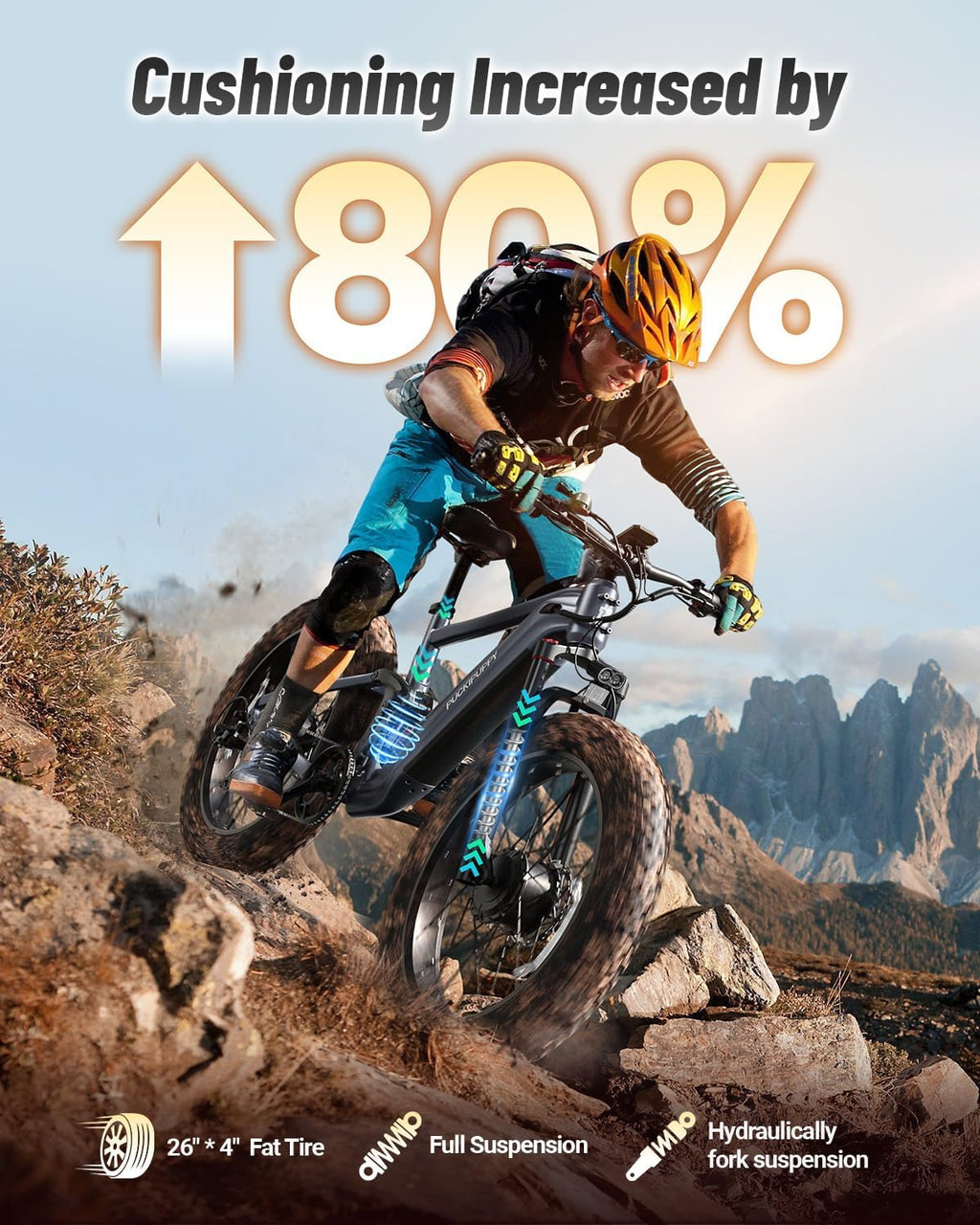 PUCKIPUPPY Dual Motor Electric Bike for Adults 1600W, Full Suspension Dual Hydraulic Disc Brake 26' Fat Tire E Bike, 48V 20AH Battery,8 Speed,28MPH 80Miles Range Mountain Electric Bicycle, GoldenR Pro