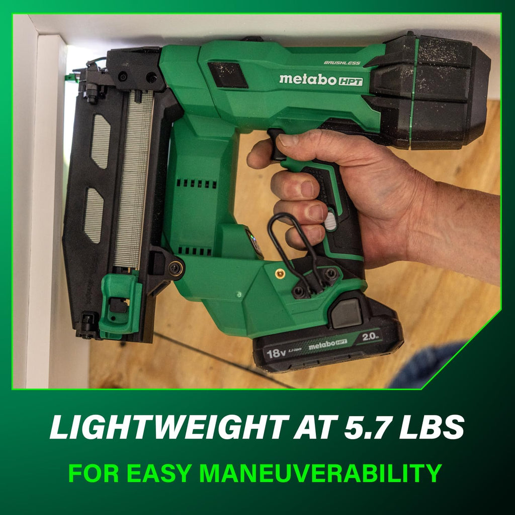Metabo HPT 18V MultiVolt Brushless Pro 16-GA Straight Finish Nailer Kit, 16 Gauge Finish Nailer, Power Tool with 2.0Ah Lithium Ion Battery, 1' to 2-1/2' Nails, Powerful Brushless Motor, NT1865DSA