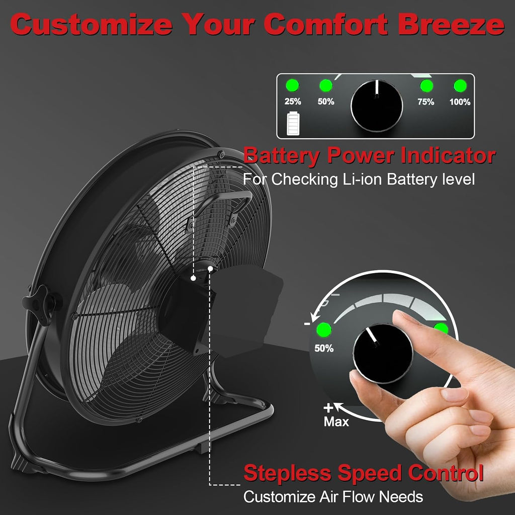 16' Battery Operated Floor Fan with Light Compatible with Milwaukee M18 18V Battery, Portable Fan with AC Adapter and USB Output, Metal High Velocity, Stepless Speed Cordless Fan for Jobsite Camping
