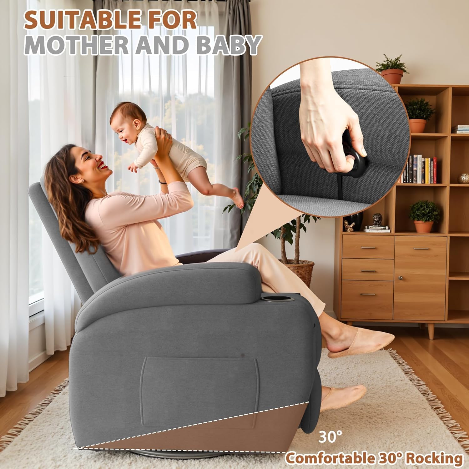 Flamaker Swivel Rocker Recliner Chair with Vibration Massage, 360° Swivel Recliner Chairs for Adults Ergonomic Lounge Chair with Cup Holders Lazy Boy Recliner Single Sofa Seat (Fabric, Gray)