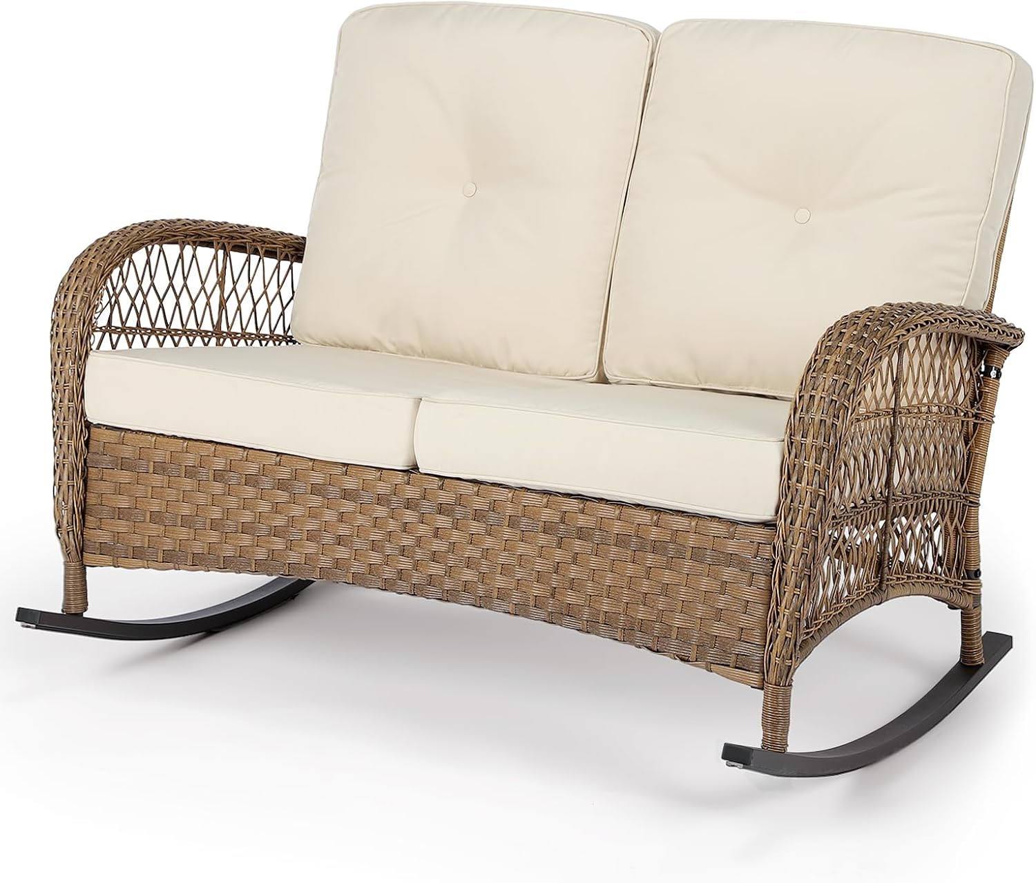 VIVIJASON Outdoor Wicker Loveseat Rocking Chair, 2-Person Patio Rattan Double Rocker Sofa with Thick Cushions, All-Weather Loveseat Rocker for Porch, Backyard & Garden