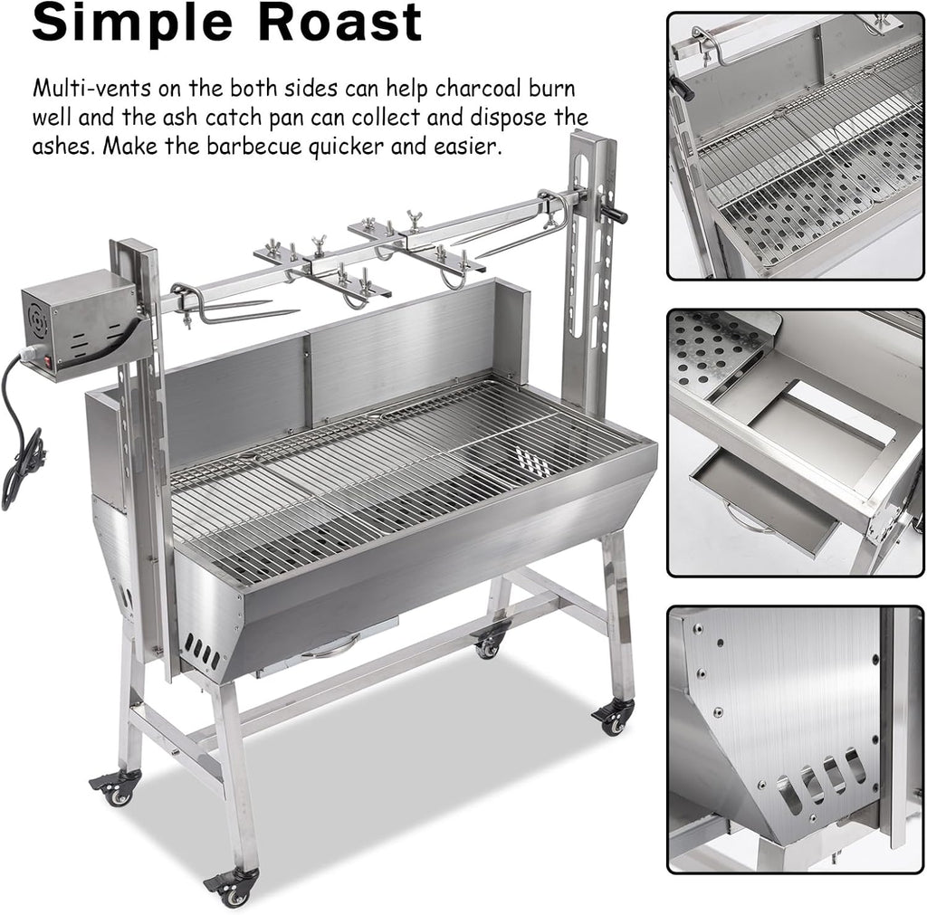 25W Stainless steel pig roaster rotisserie grill, 34.6-inch rated 132-pound barbecue grill suitable for outdoor camping kitchens