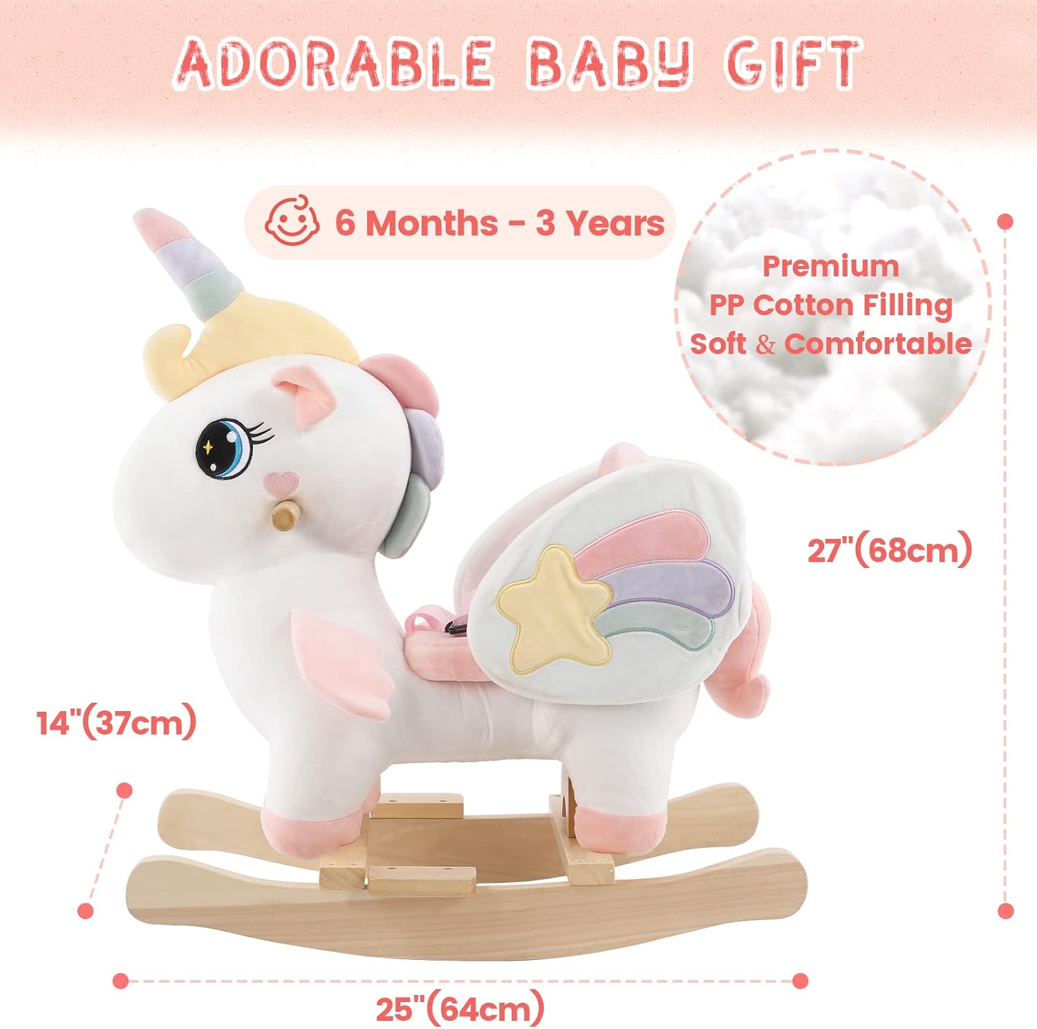FUNLIO Unicorn Baby Rocking Horse, Rainbow Fairy Unicorn Rocking Horse for Toddlers 6 Months to 3 Years, Stuffed Ride-on Animal Rocker, Easy to Assemble, CE & CPC Certified