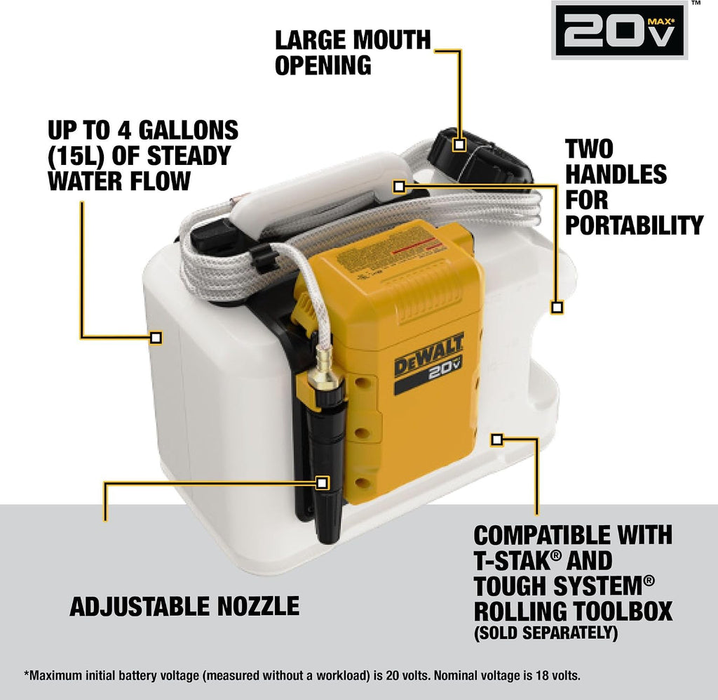 DEWALT 20V MAX Powered Portable Water Tank for Job Sites, Water Based Dust Suppression, 4 Gallons (15L), Battery Not Included (DCE6820B)