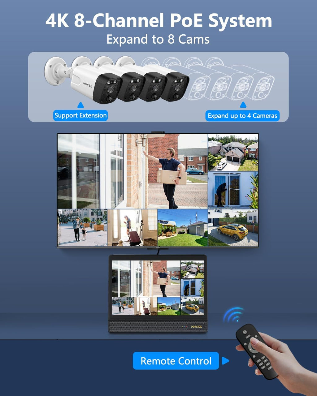 OOSSXX (2026 New) 4K PoE Security Camera System Outdoor, 8CH NVR with 10.2' IPS Monitor & 1TB HDD, 4 Cameras, 130° Wide Angle, AI Human Detection, Two-Way Audio, No Monthly Fee