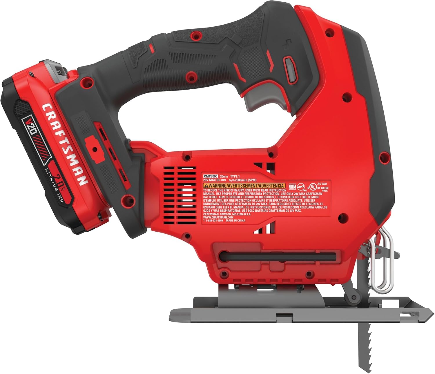 CRAFTSMAN V20 Cordless Jig Saw Kit, 3 Orbital Settings, Up to 2,500 SPM, Battery and Charger Included (CMCS600D1)