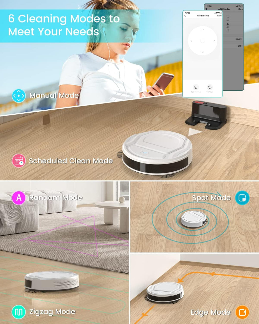 Lefant M210 Pro Robot Vacuum with 2200 Pa Powerful Suction, 6 Cleaning Modes, 120 Mins Runtime, Quiet, Self-Charging, Voice Control, Ideal for Pet Hair and Hard Floor, White