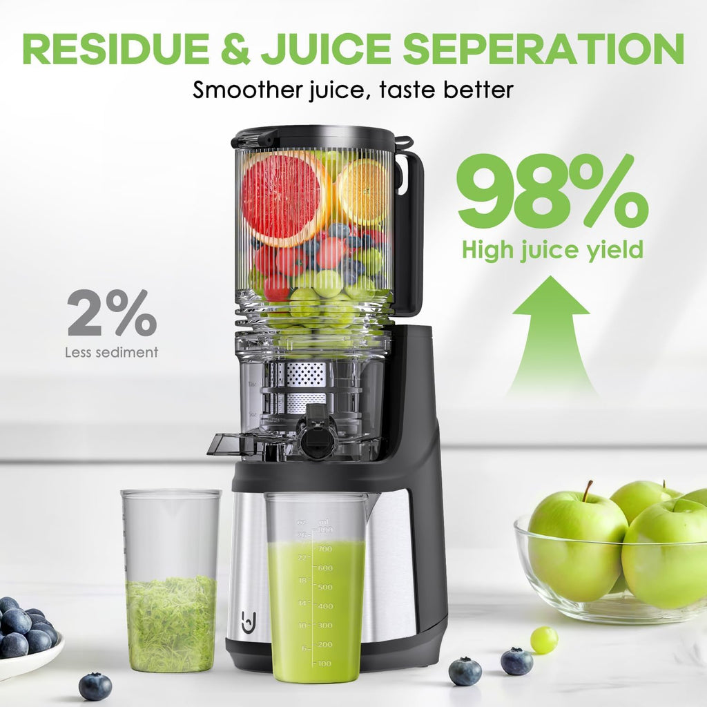 EanOruus Cold Press Juicer, 5.8' Wide Feed Chute Juice Extractor Machine with 400W, High Juice Yield, Slow Masticating Juicer for Whole Vegetables & Fruits, Gray-Stainless Steel