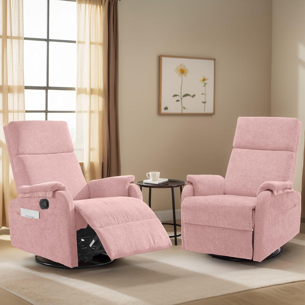 Korser Recliner Chair, Swivel Rocking Recliner Chair for Adults, Glider Rocking Chair, Small Nursery Chair Recliner for Living Room, Reclining Chair with Modern-Designed Armrests, Chenille, Pink