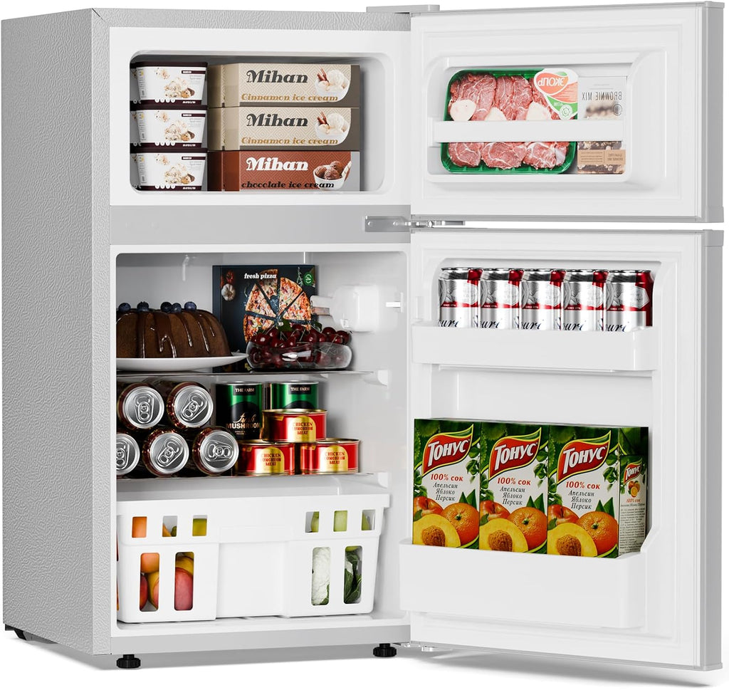 Antarctic Star Mini Compact Refrigerator, 3.2 Cu.Ft. Separate Freezer Double 2-Door Adjustable Removable Shelves For Basement/Apartment/Dorm/Office,GREY