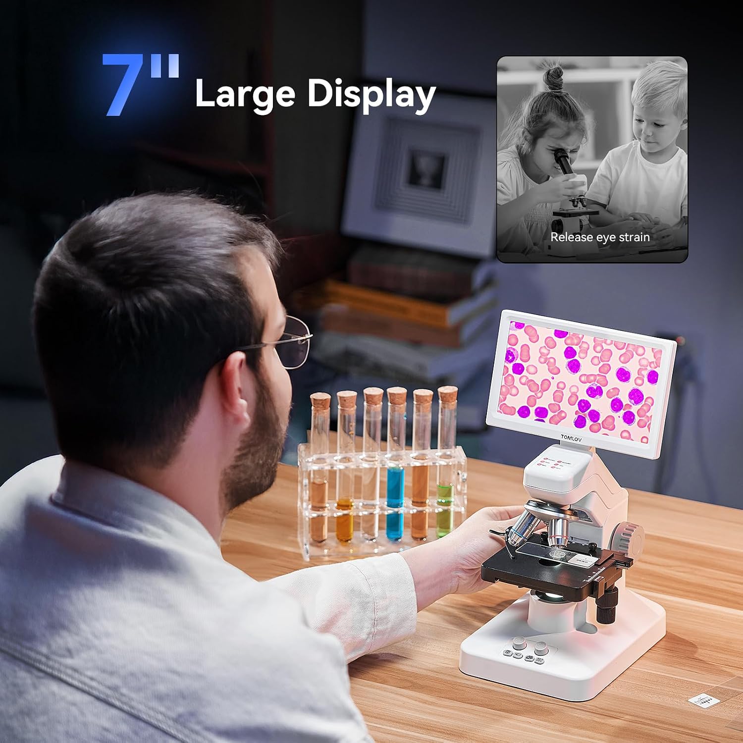 TOMLOV DM301 Max Microscope for Kids Students Adults with X-Y Stage, Digital Microscope Camera with 7' Screen, USB & HDMI Output, Wireless Biological Lab Scope for School Home Education with Slides