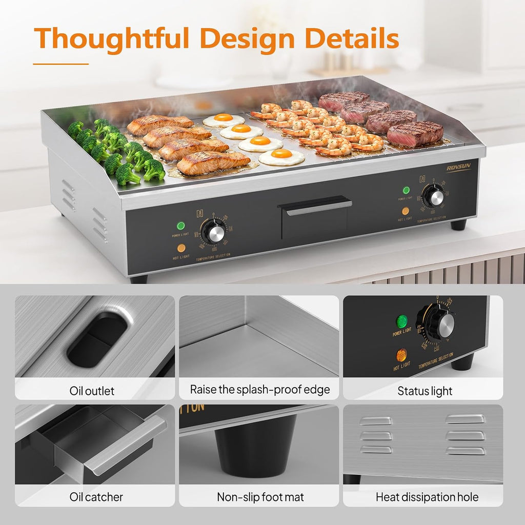 ROVSUN 30' Electric Griddle, Electric Countertop with Half Flat Top Griddle, 3000W Grill Stainless Steel with Adjustable Temperature Control 122°F-572°F for Commercial Home Restaurant, Plug