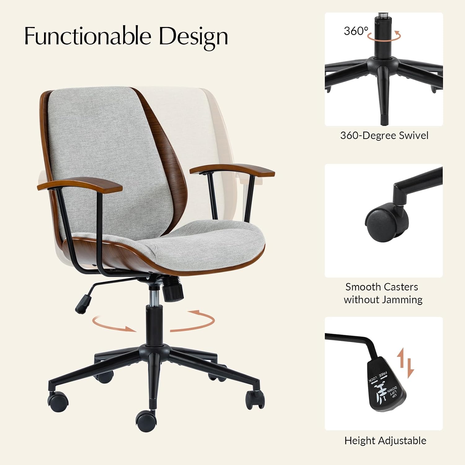 HULALA HOME Solid Wood Office Chair with Rocking Function, Comfy Fabric Desk Chair with Bent Wood and Metal Base, Height Adjustable Swivel Computer Task Chair, Grey