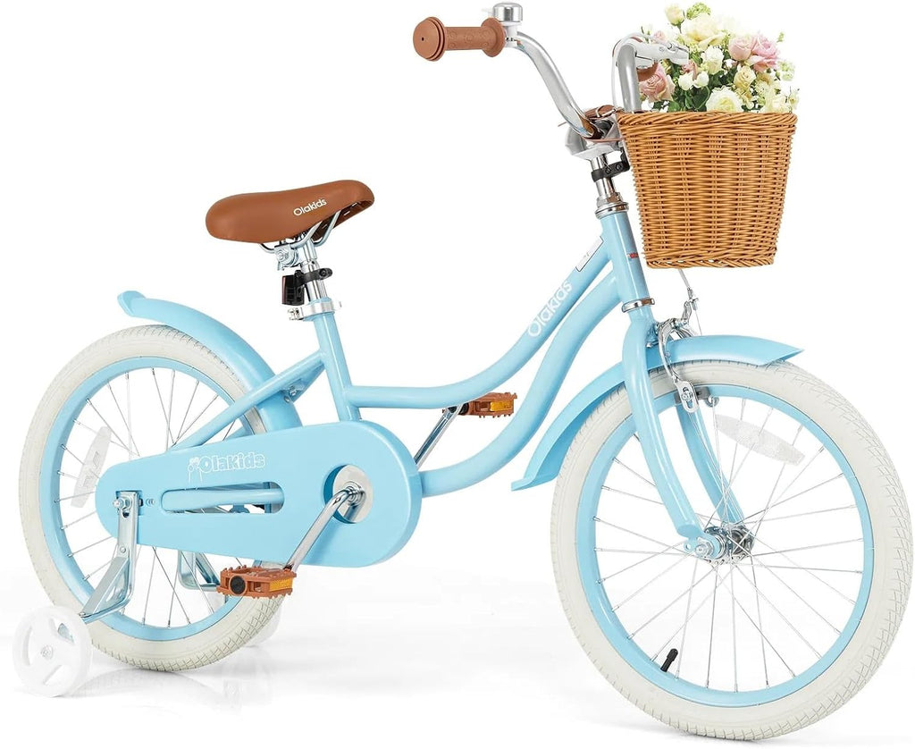 Olakids Kids Bike, 12 14 16 18 20 Inch Toddlers Bike with Training Wheels Rattan Basket Safety Bell Adjustable Seat and Handlebar, Children's Bicycle for Girls Boys