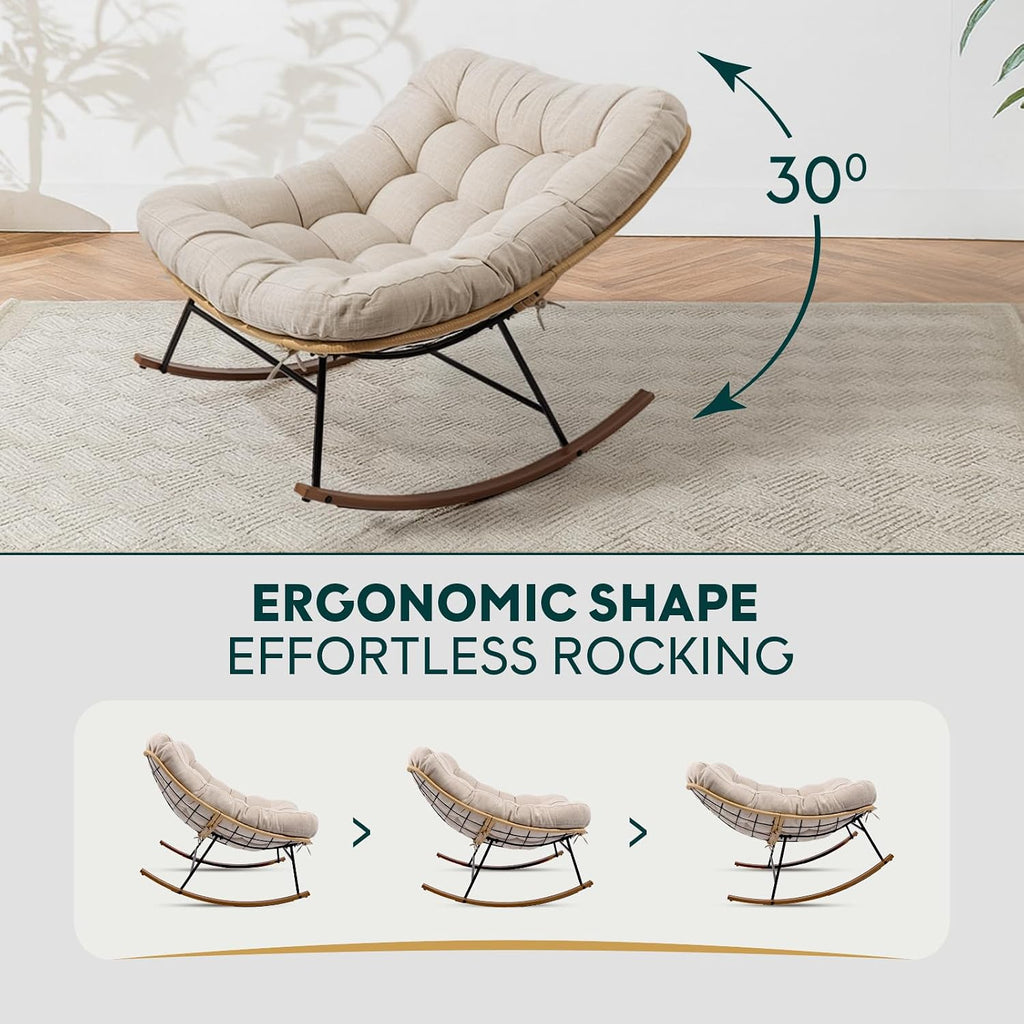 Bme Patio Rocking Chair Outdoor & Indoor, Beige Cushion - Wood Texture Rocker, Metal Patio Lounge Rocking Chair with Thick Cushion, Comfy Modern Rocker Chair for Living Room, Porch, Backyard