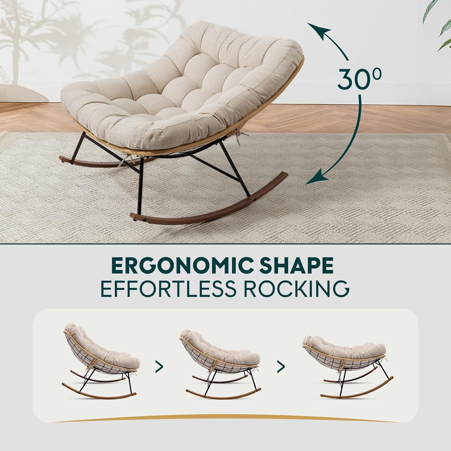 Bme Patio Rocking Chair Outdoor & Indoor, Beige Cushion - Wood Texture Rocker, Metal Patio Lounge Rocking Chair with Thick Cushion, Comfy Modern Rocker Chair for Living Room, Porch, Backyard
