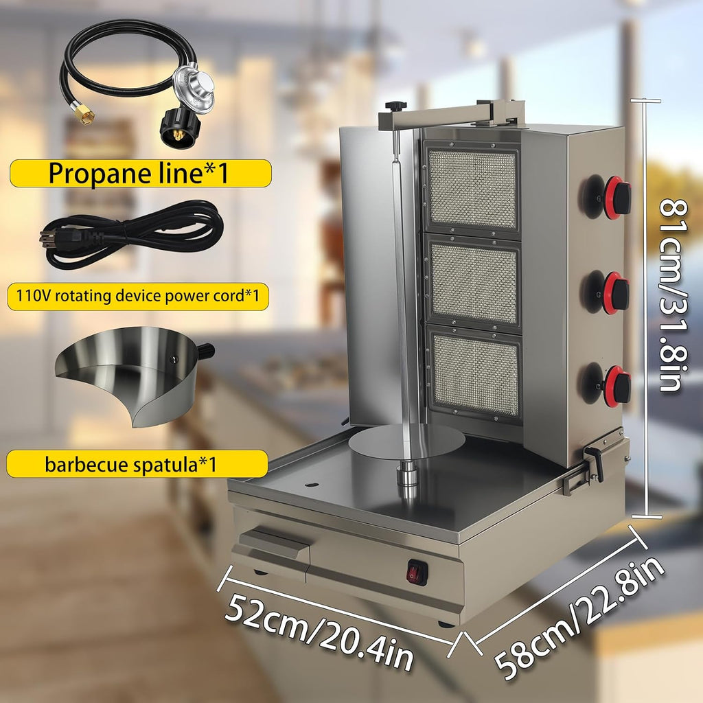 Turkey & Shawarma Oven Rotisserie Kebab Machine Infrared Burner, Automatic Rotation and Adjustable Distance, 3 Propane Controls Up to 750°F,Vertical Skewers, Stainless Steel