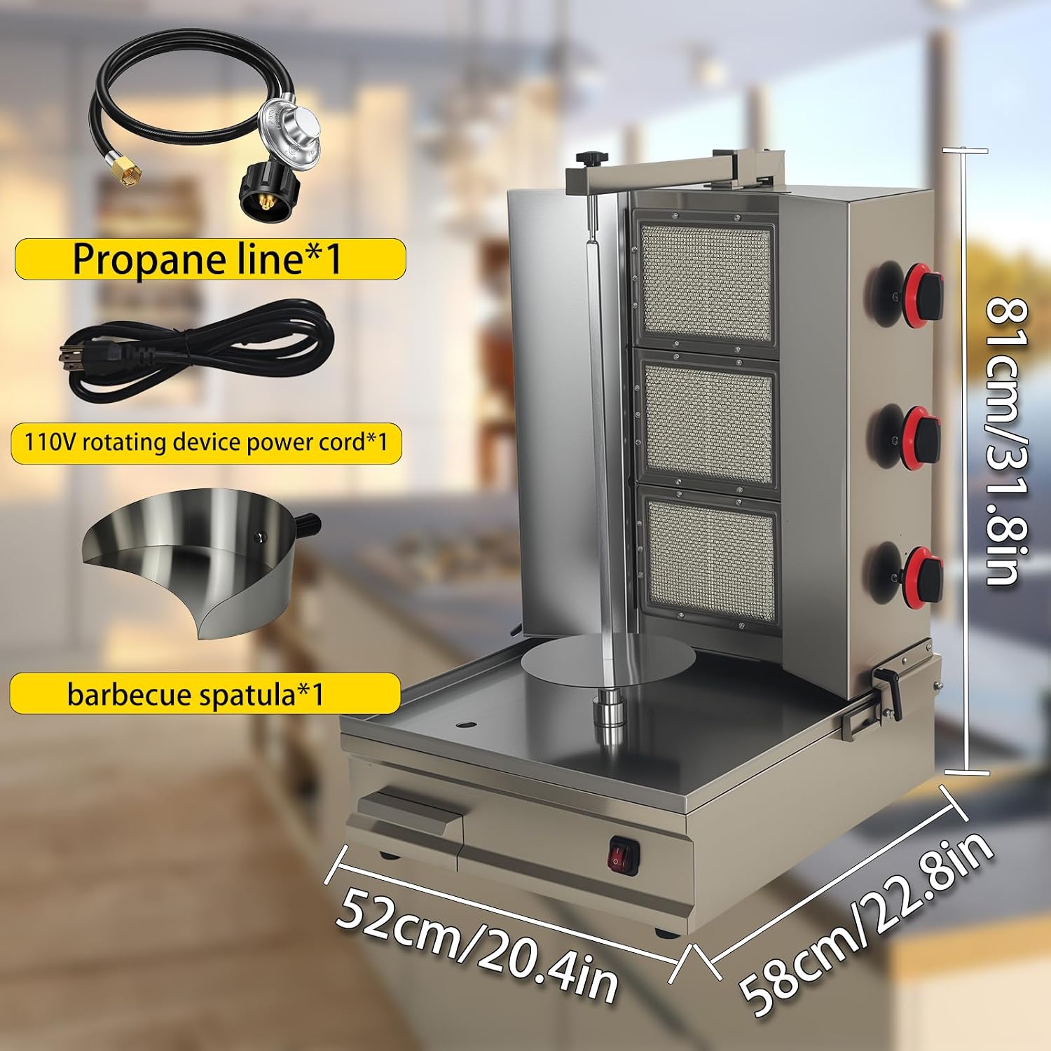 Turkey & Shawarma Oven Rotisserie Kebab Machine Infrared Burner, Automatic Rotation and Adjustable Distance, 3 Propane Controls Up to 750°F,Vertical Skewers, Stainless Steel