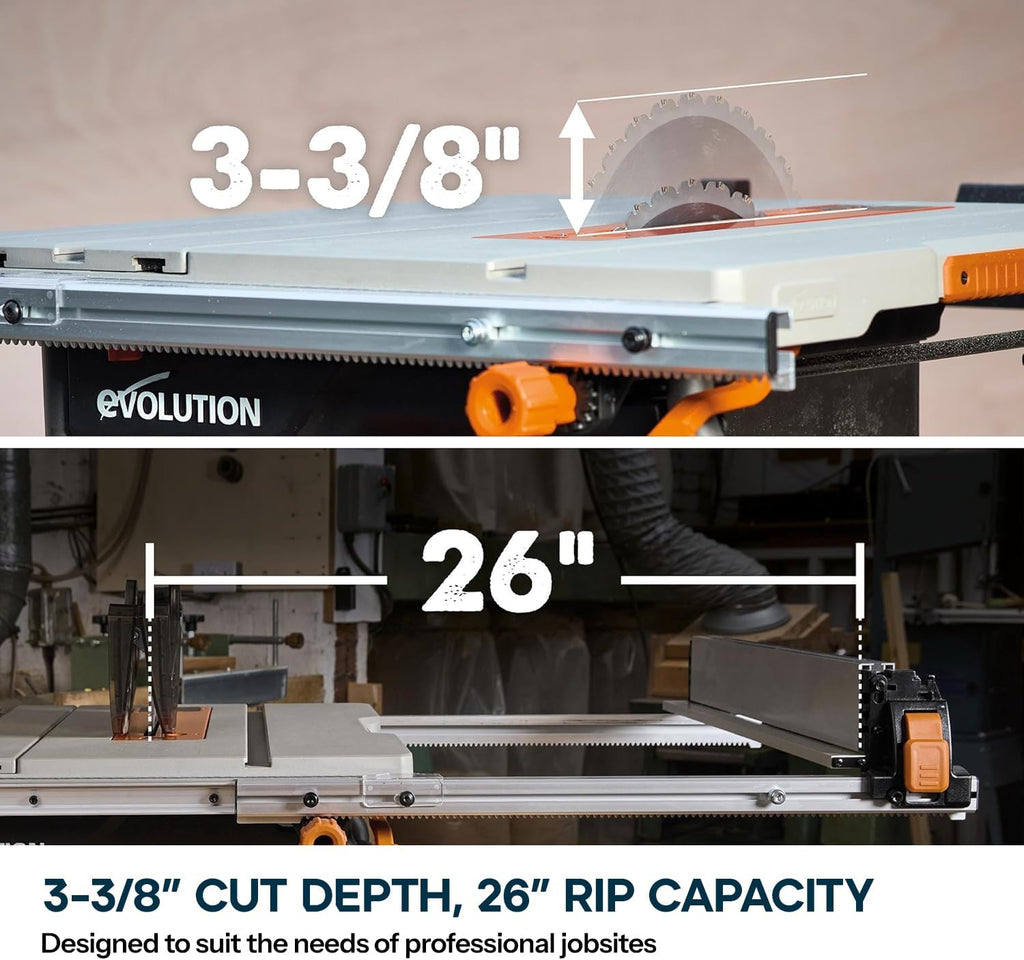 Evolution R10TS 10' Jobsite Table Saw | Zero-Clearance Throat Plate | Dado Plate Included | 15A Motor | 26' Rip | 3-3/8' Cut | 0-45° Bevel | Precision Fence | Heavy Duty Portable Woodworking Saw