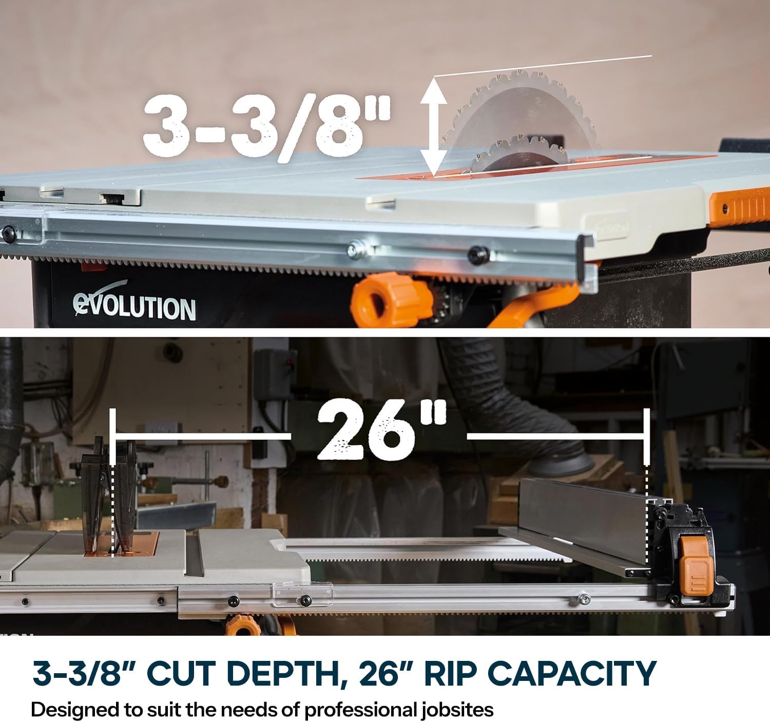 Evolution R10TS 10' Jobsite Table Saw | Zero-Clearance Throat Plate | Dado Plate Included | 15A Motor | 26' Rip | 3-3/8' Cut | 0-45° Bevel | Precision Fence | Heavy Duty Portable Woodworking Saw