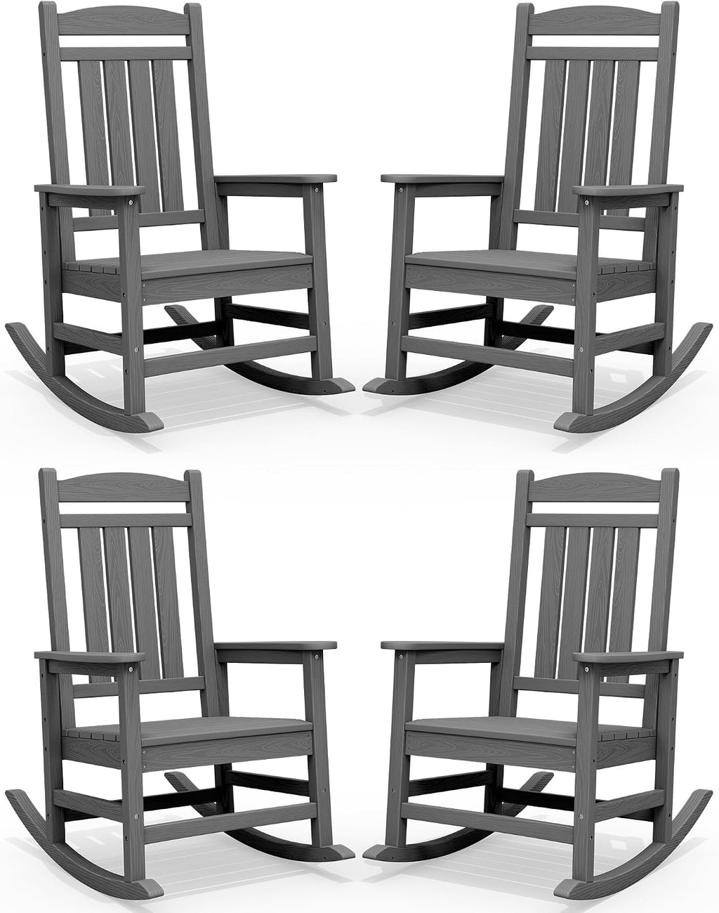 SERWALL Oversized Outdoor Rocking Chair Set of 4, HDPE Patio Rocking Chair, All-Weather Porch Rocker for Balcony, Yard, Dark Gray