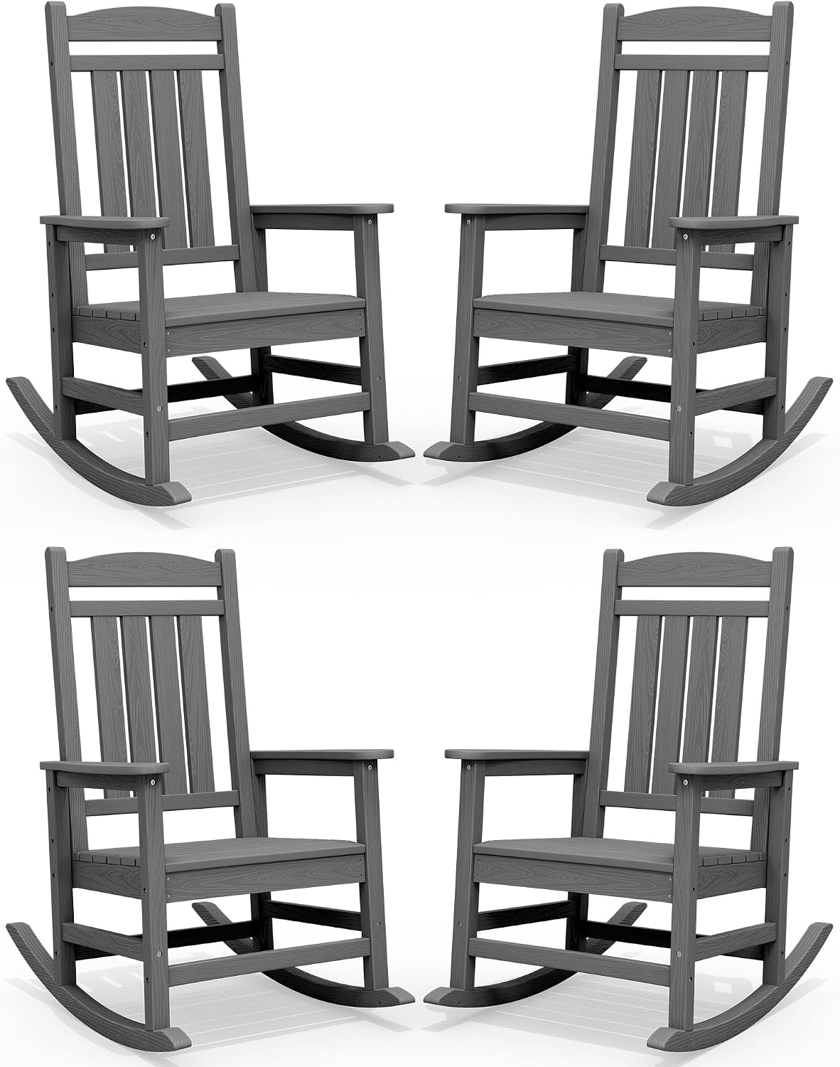 SERWALL Oversized Outdoor Rocking Chair Set of 4, HDPE Patio Rocking Chair, All-Weather Porch Rocker for Balcony, Yard, Dark Gray