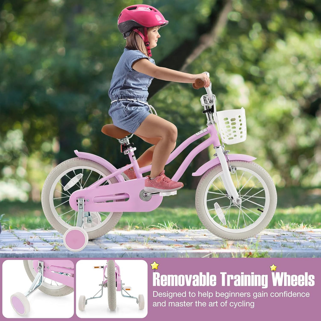 GYMAX Kids Bike for Boys & Girls Aged 3-8 Years, 14/16/18 Inches Children Bicycle w/Training Wheels, Dual Brakes, Adjustable Seat & Handlebar, Toddler Balance Bike