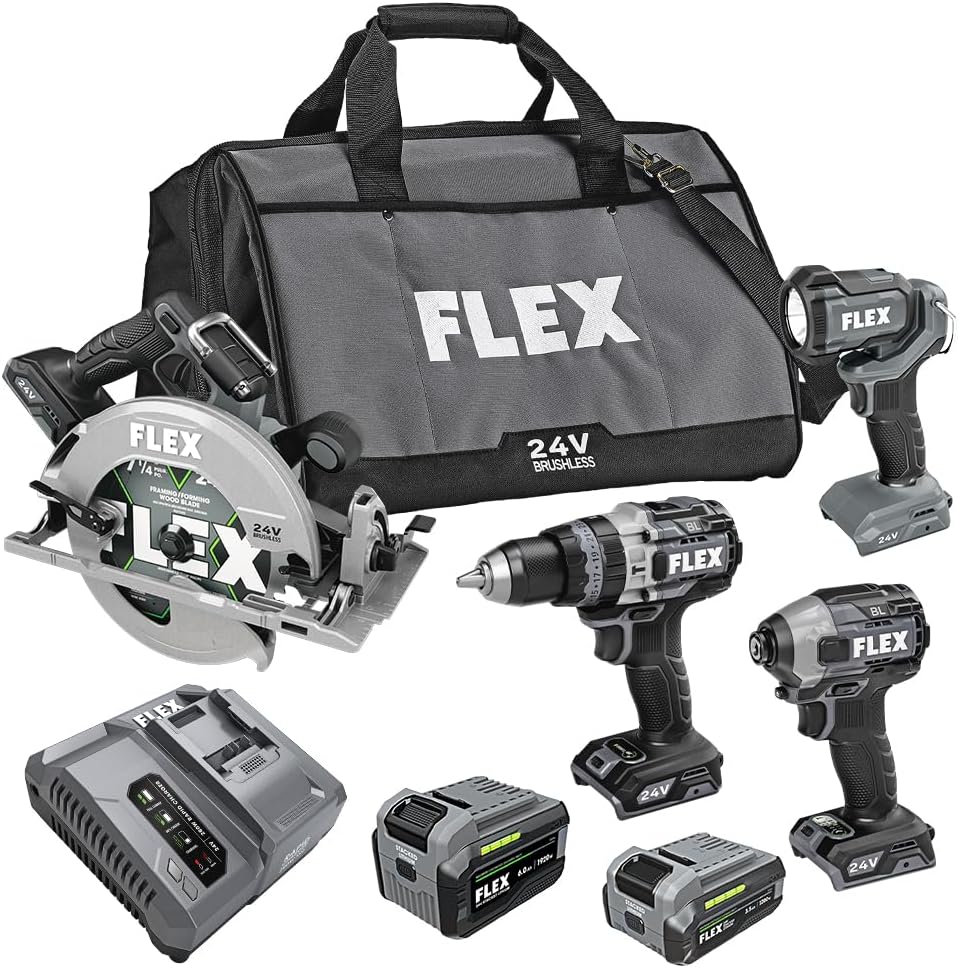 FLEX 24V Brushless Cordless 4-Tool Combo Kit: Hammer Drill, Hex Impact Driver, Circular Saw, Work Light with 3.5Ah, 6.0Ah Stacked Lithium Batteries and 280W Rapid Charger - FXM403-2G