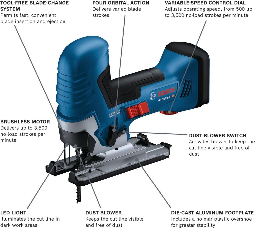 BOSCH GST18V-50BN 18V Brushless Barrel-Grip Jig Saw (Bare Tool)