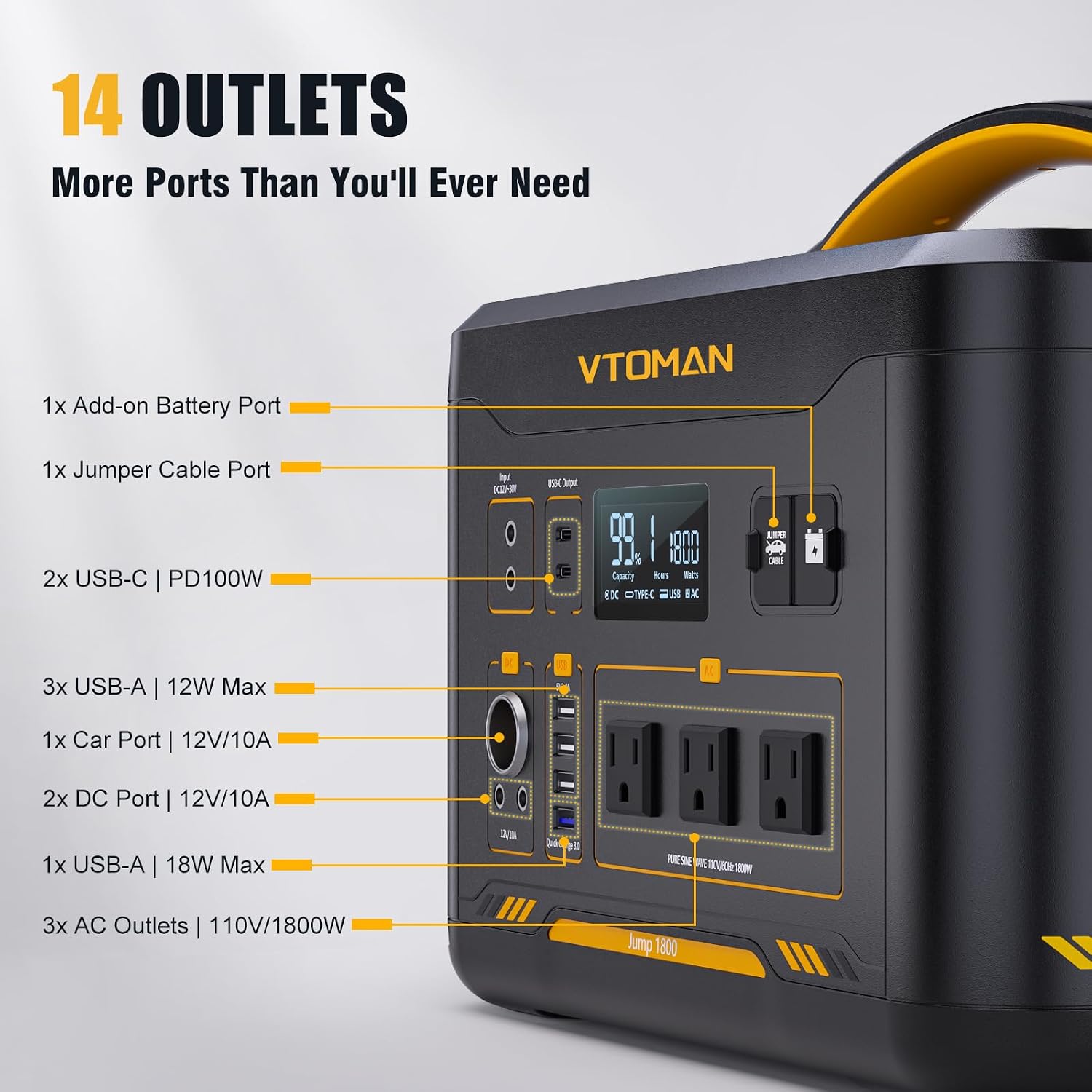 VTOMAN Jump 1800 Portable Power Station with 110W Solar Panel, 1548Wh LFP Battery 1800W AC Outlets (3600W Peak) /100W USB-C Output Fast Charge, Large Solar Generator for for Outdoor, Camping, Backup