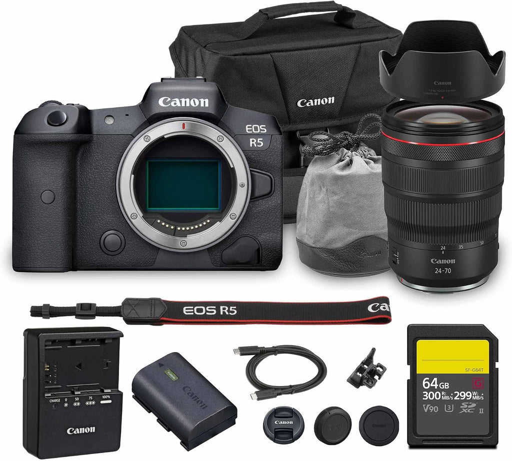 Canon EOS R5 Mirrorless Camera | 45MP Full Frame Sensor 8K Video | in-Body Image Stabilization and Dual Pixel AF for Hybrid Creators (4147C002) + Canon RF 24-70mm Lens + 64GB Card + Bag